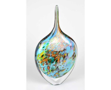 † PETER LAYTON (born 1937); a contemporary Art Glass vase of ovoid form with elongated neck, internally decorated with stylis