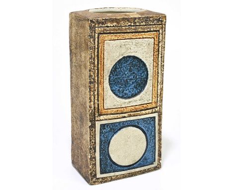 LOUISE JINKS FOR TROIKA POTTERY; a brick vase, relief decorated with stylised motifs, signed 'Troika Cornwall' and with paint