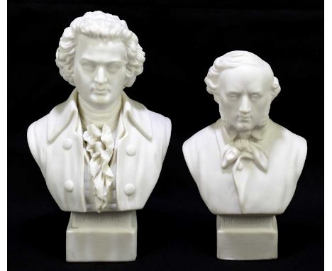 ROBINSON &amp; LEADBEATER; two Parianware busts representing Mozart and Mendelssohn, height of Mozart 20cm (2).Condition Repo