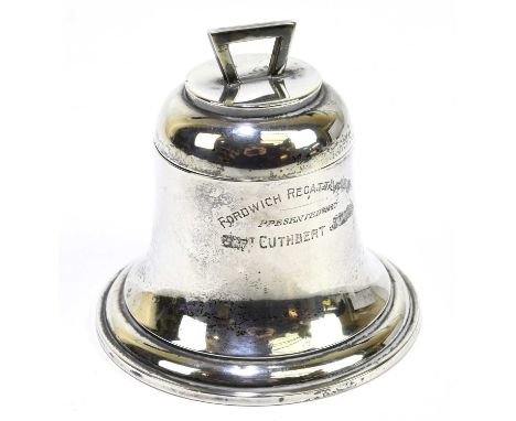 ASPREY &amp; CO; an Edwardian hallmarked silver inkwell modelled as bell, the front engraved 'Fordwich Regatta 1913, presente