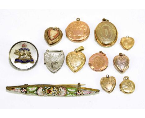 Two 9ct yellow gold heart shaped lockets, with eight gold plated and hallmarked silver lockets, also a Leicester Regiment mil