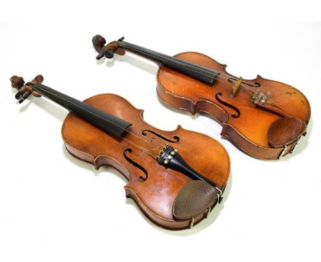 A full size German violin, Stradivarius copy, with two-piece back, length 35.5cm, with another full size violin, both cased w