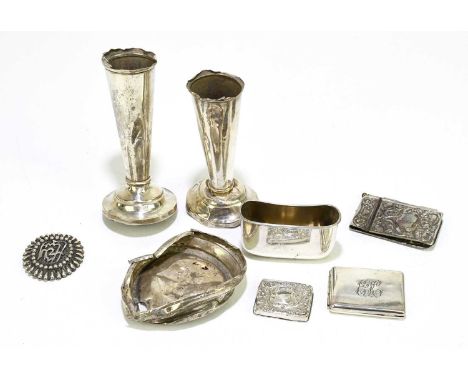 WILLIAM HUTTON &amp; SONS; a pair of George V hallmarked silver posy vases (weighted), together with a hallmarked silver hip 