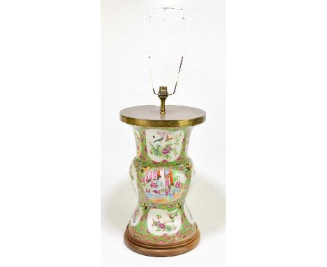 A 19th century Chinese Canton Famille Rose vase (converted to a table lamp), painted with figures and exotic birds in panels,