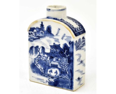 An 18th century Chinese blue and white porcelain tea caddy, the arched top with cylindrical neck, decorated with a landscape 