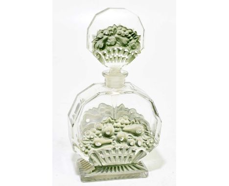 Attributed to Henrich Hoffmann; an Art Deco style cut and etched glass decanter, decorated with fruit, unsigned, height 20cm.