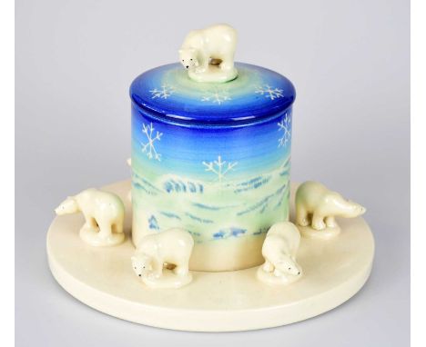 SALLY TUFFIN FOR DENNIS CHINAWORKS; a limited edition preserve jar and cover on circular plinth base, the cover with mounted 