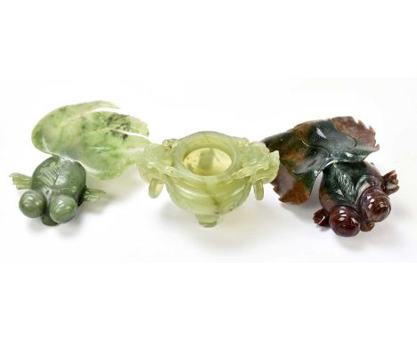 A carved jade coloured twin handled koro, width 14cm, a carved soapstone model of an angelfish, and a similar example with la