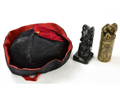 A Chinese silk hat, a contemporary cylindrical seal, and an obsidian totem carving (af) (3)
