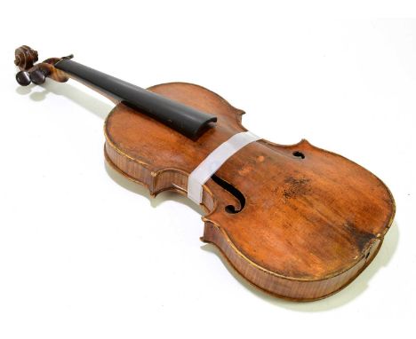 A full size violin for restoration, probably French, with one-piece back, length 35.5cm.Condition Report: Attention will be n