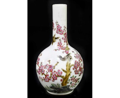 A Chinese Republic period porcelain vase, decorated with birds and prunus flower, seal mark to the underside of base, height 