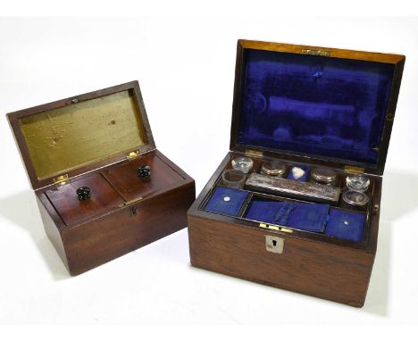 A 19th century walnut dressing table box, the fitted interior with pleated covers, width 27.5cm, with a Victorian mahogany te