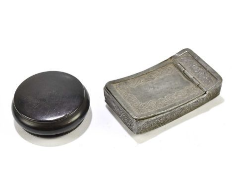 An ebony snuff box together with further pewter snuff box (2).