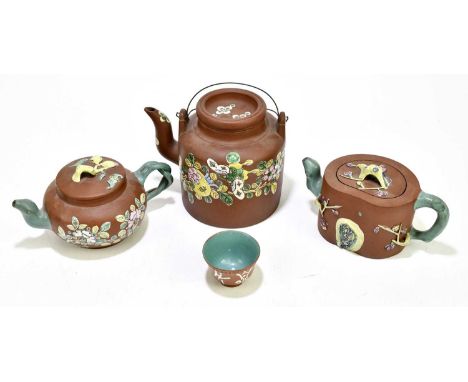 Three Chinese redware Yixing teapots and covers, with green enamel foliate detailing, tallest 13cm (3)Condition Report: Small