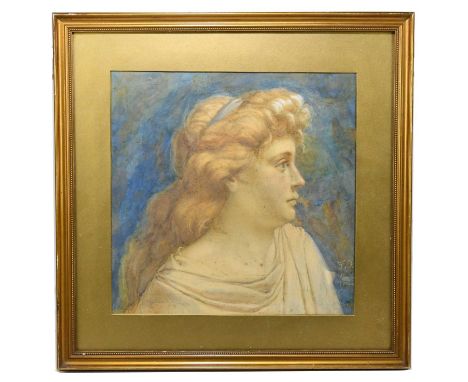 PRE RAPHAELITE SCHOOL, LATE 19TH CENTURY, IN THE MANNER OF FRANK DICKSEE; watercolour, portrait of a maiden in a white robe, 