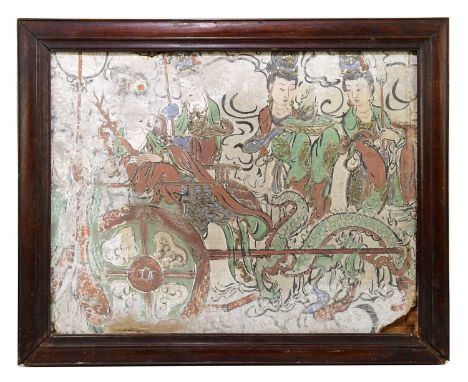 A Chinese painted panel, depicting a female figure in chariot with attendant figures, 36cm x 46cm, in hardwood frame.Conditio