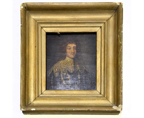 17TH CENTURY ENGLISH SCHOOL; oil on panel, portrait of a gentleman in a lace trimmed overcoat, unsigned, 10 x 9cm, in associa