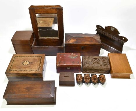 A quantity of 19th century and later treen items to include a 19th century mahogany tea caddy, length 30cm, a Pitcairn Island