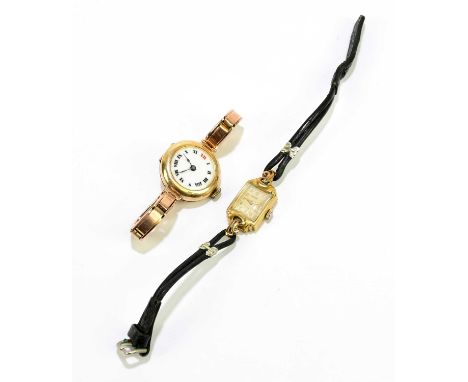 A 9ct gold cased lady's wristwatch, the enamel dial set with Roman numerals on a 9ct gold strap, approx weight 24g, together 