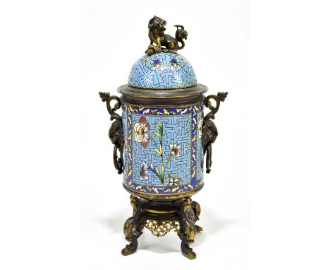 A French 19th century champleve enamel twin handled lidded jar in the Japanesque style, height 32cm.