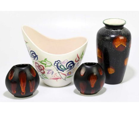 POOLE POTTERY; a jardinière painted with birds and florals sprays, together with three further pieces of contemporary Poole P