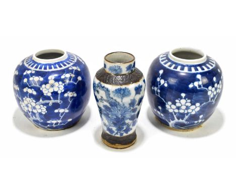An early 20th century Chinese blue and white crackle glazed ginger jar, decorated with four claw dragon, height 14cm, togethe