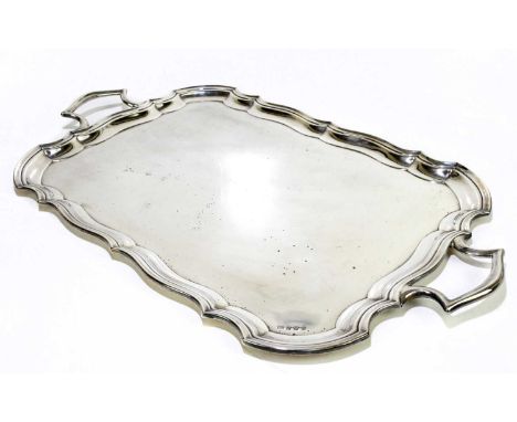 VINERS LTD; a George V hallmarked silver twin handled serving tray, of serpentine rectangular form, Sheffield 1939, length in