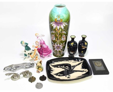 ERIC LEAPER; a ceramic dish decorated with a mallard in flight, length 26cm, with an Austrian Art Nouveau vase with tube line