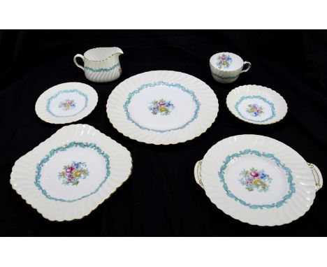 MINTON; a 'Ardmore' pattern part tea service to include eight side plates, eight cups, one cream jug, eight saucers, two plat