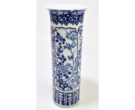 A 19th century Chinese blue and white porcelain sleeve vase, decorated in panels with exotic birds, lotus flowers and landsca