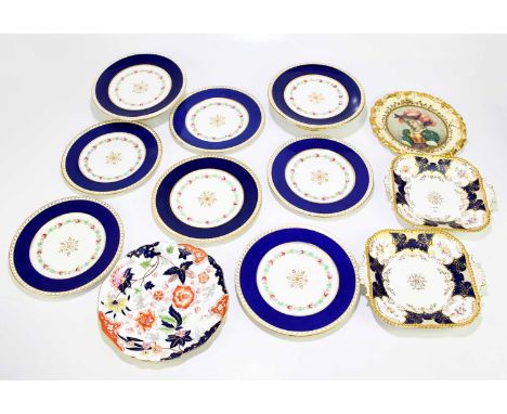 COALPORT; two twin handled square plates in the 'Batwing' pattern, together with an unusual Coalport hand painted plate, port