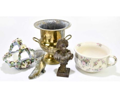 A brass wine cooler, together with a brass boot and a brass bust of a lady, with ceramic chamber pot and flower basket.