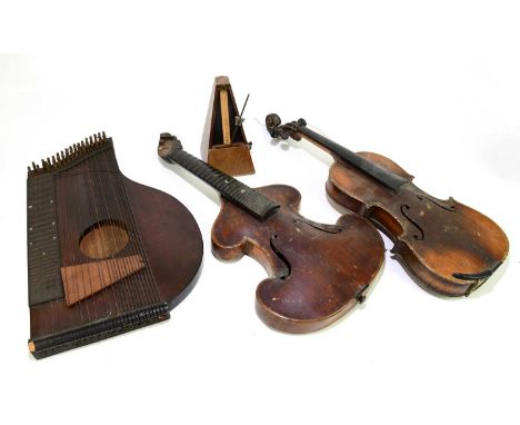 An unusual German violin/zither (bowed zither) for restoration, overall length approx 59cm, also a full size violin, a table 