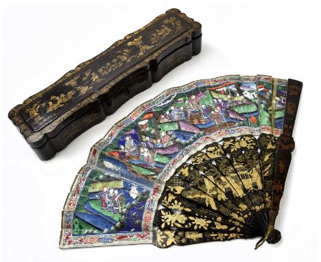 A 19th century Chinese hand painted fan, the panels decorated with figures with ivory faces, with gilt lacquered sticks and c