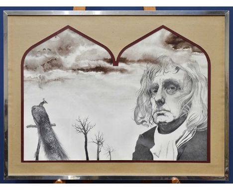 † DAVID EVANS; watercolour, portrait of man and peacock, signed lower left, 71 x 52cm, framed and glazed.