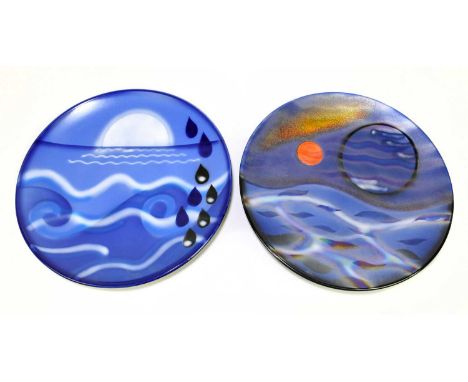 POOLE POTTERY; two large circular chargers, comprising 'Sedna' numbered 77/350, and 'The Elements - Water', diameter 39cm (2)