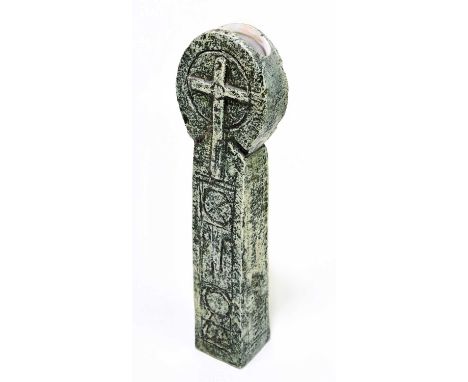 ROLAND BENCE FOR TROIKA POTTERY; a Celtic cross decorated in shades of green, signed with painted initial to the underside, h