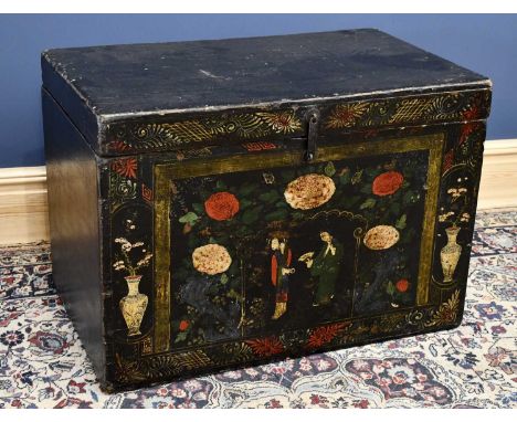 A late 19th century Chinese painted pine trunk, decorated to the front with flowers, figures and vase, 62 x 88 x 56cm.Conditi