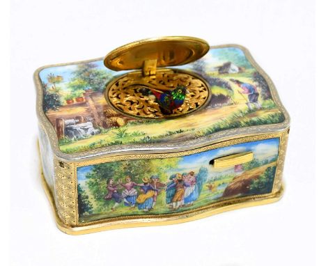 A late 20th century German gold plated white metal and enamel singing bird box in the manner of Karl Griesbaum and possibly h