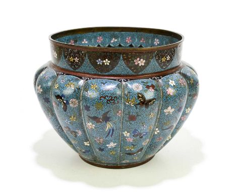 A Japanese cloisonné jardinière panel decoration of exotic and floral sprays, height 19cm.Condition Report: Numerous chips th