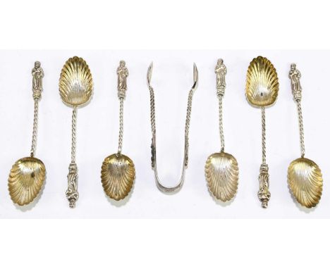 WILLIAM DAVENPORT; a set of six hallmarked silver Victorian apostal spoons, Birmingham 1897, together with a pair of silver s