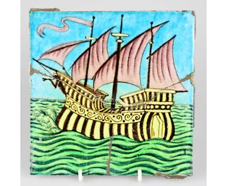WILLIAM DE MORGAN; an Art Pottery tile painted with a four masted galleon ship, in shades of blue, purple, yellow, black and 