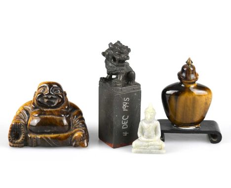 A small mixed lot to include a goldstone figure of a Buddha, a goldstone scent bottle, a soapstone figure of a Buddha and a C