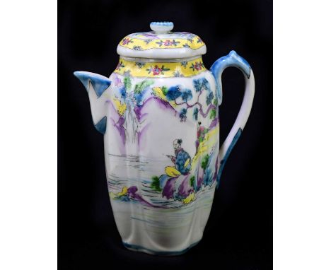 A Chinese ceramic hot water pot and cover, decorated with a scene of figures and rock work around water, height 18.5cm.