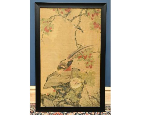 CHINESE SCHOOL; watercolour on textile panel, pheasant upon a rock with flowers, unsigned, 112 x 67.5cm, in modern frame and 
