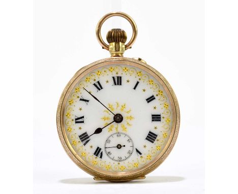 A 9ct gold crown wind fob watch, the enamel dial with gilt scrolling detail, set with Roman numerals and subsidiary seconds d