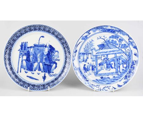 Two 19th century Chinese blue and white plates of circular form to include an example decorated with three elders beside an a