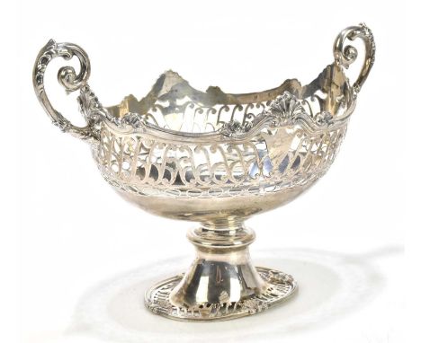 WILLIAM HUTTON &amp; SONS; an Edward VII hallmarked silver twin handled pedestal bowl of oval form, with cast rim and pierced