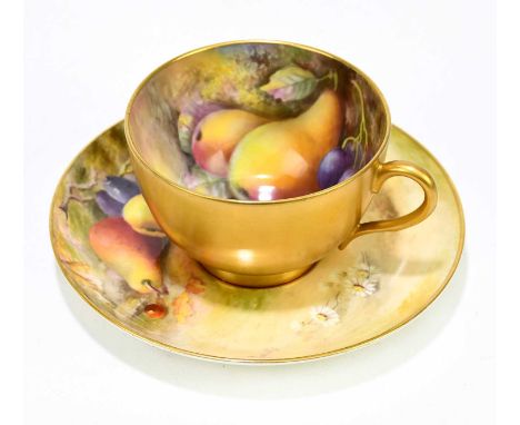 THOMAS LOCKYER &amp; RICKETTS FOR ROYAL WORCESTER; a hand painted tea cup and saucer decorated with fruit, width of cup 10cm.