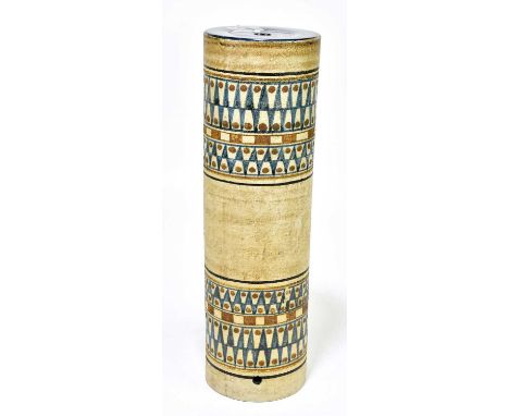 MARILYN PASCOE FOR TROIKA POTTERY; a large cylinder lamp base with shark's tooth decoration, signed 'Troika Cornwall England'